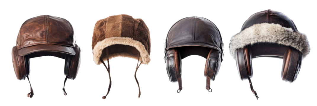 Vintage leather and fur aviator hats collection png