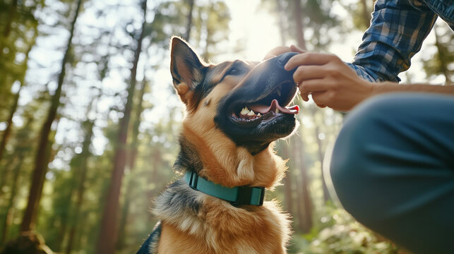 German Shepard in a forest with his owner