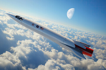 Rocket Launching to the Moon Above the Clouds 3D Illustration