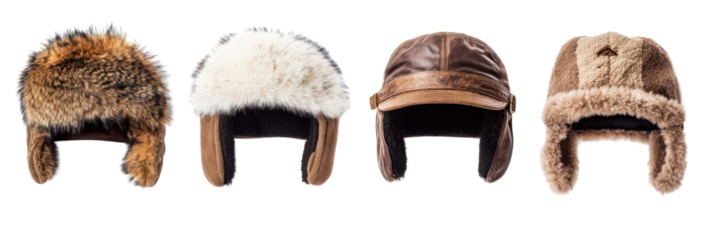 Variety of warm winter aviator and trapper hats in fur and leather styles png