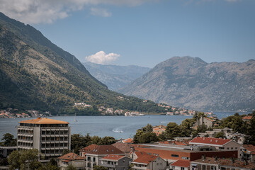 Kotor city panorama with mountains and traditional buildings. Montenegro. 