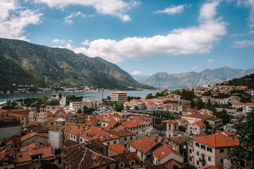 Kotor city panorama with mountains and traditional buildings. Montenegro. 