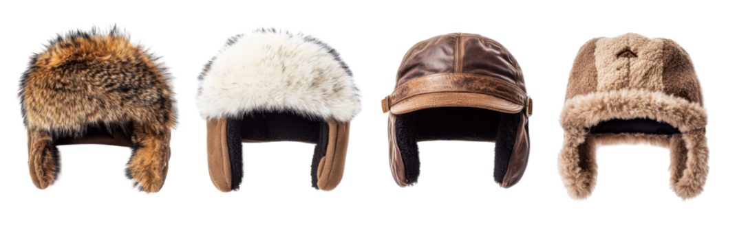 Variety of warm winter aviator and trapper hats in fur and leather styles png