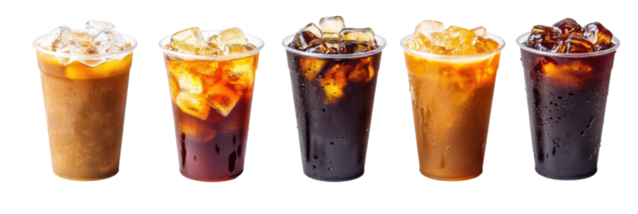 Variety of iced coffee and soda beverages with ice in clear plastic cups on display png