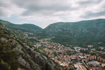 Kotor city panorama with mountains and traditional buildings. Montenegro. 