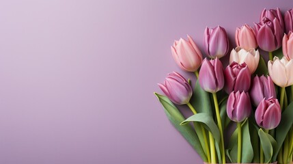 purple  background with  bouquet of tulips, copy space