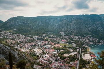 Kotor city panorama with mountains and traditional buildings. Montenegro. 