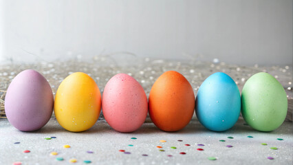 Obraz premium Colourful Easter eggs with confetti on a grey background