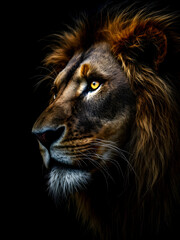 Naklejka premium Portrait of a lion on black background