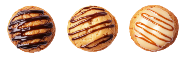 Triple cookie delight: chocolate, vanilla, and caramel drizzled cookies on display png