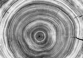 Gray ink stamp impression of end grain of wood slab. Tree rings art with texture and cracked surface.