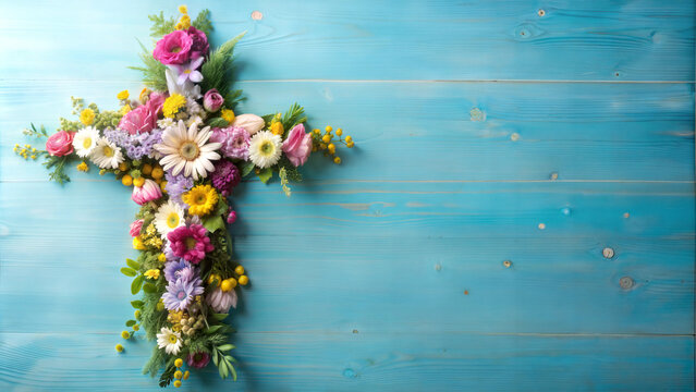 Floral cross on blue wooden background