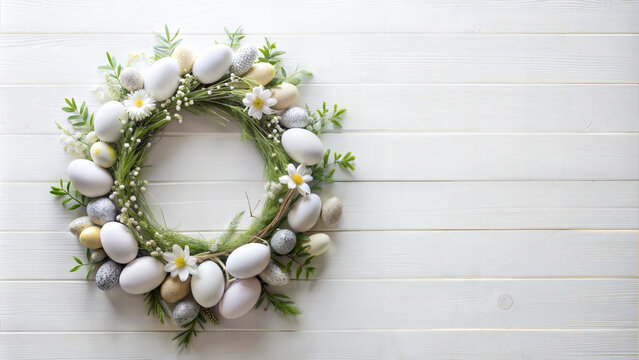 Easter wreath with eggs on wooden background
