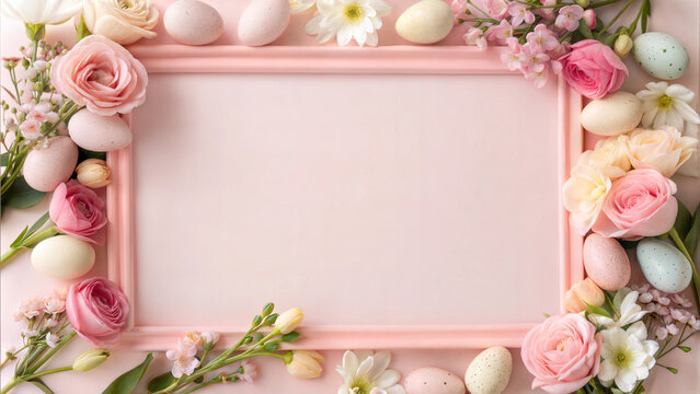 Pink floral frame with Easter eggs and roses