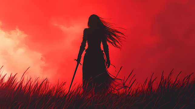 Silhouette of a female warrior holding a sword. Dark Fantasy. Illustration