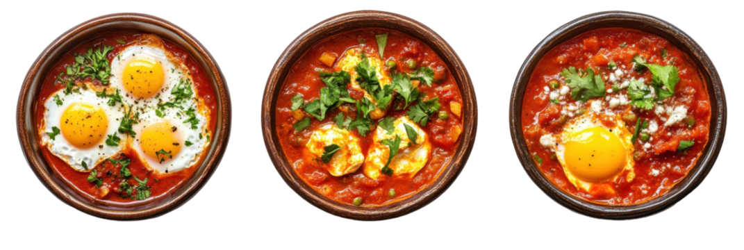 Three varieties of shakshuka with eggs and herbs in ceramic bowls png