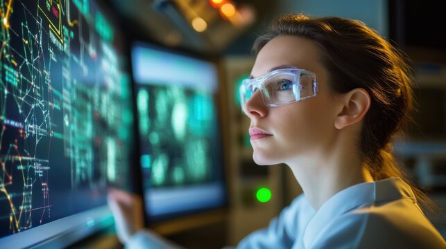 A nuclear physicist analyzing particle collisions in a particle accelerator facility, with complex scientific instruments and data screens visible, Particle accelerator lab scene