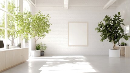 Bright minimalist office, plants, sunlight, workspace