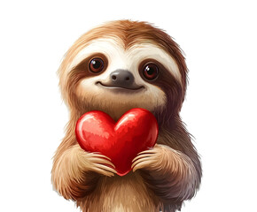 Adorable Sloth with Valentine's Heart: Cute Romantic Illustration, Perfect for Cards, Prints, and Sweet Designs. Isolated on      