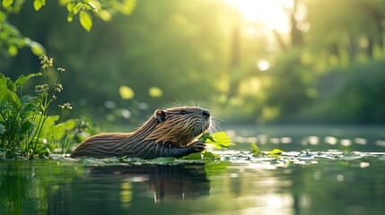 An Eurasian beaver (Castor fiber) biting leaves in green water during spring.