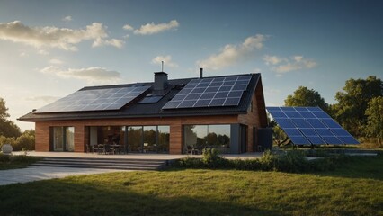 A beautifully designed sustainable wooden home with solar panels on the roof harnesses renewable energy, combining modern eco-friendly technology with rustic charm in a serene countryside setting