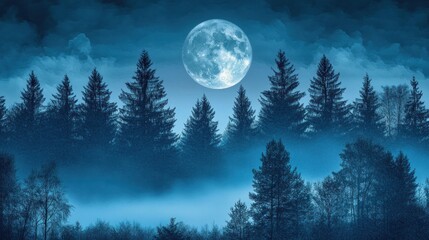 Enchanted Forest Under a Full Moon: A Serene Night Scene