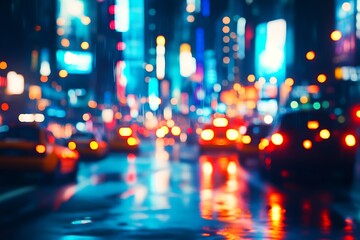 Obraz premium A blurred night scene of a vibrant city street illuminated by colorful lights and reflections.