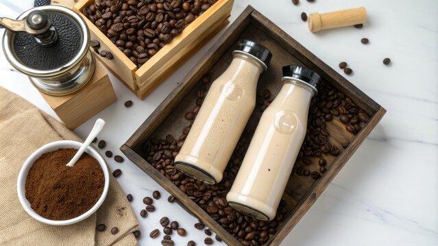 Flat lay of coffee beans coffee grinders and creamy coffee drink bottles in a wooden crate, coffee beans, wood crates, home decor items