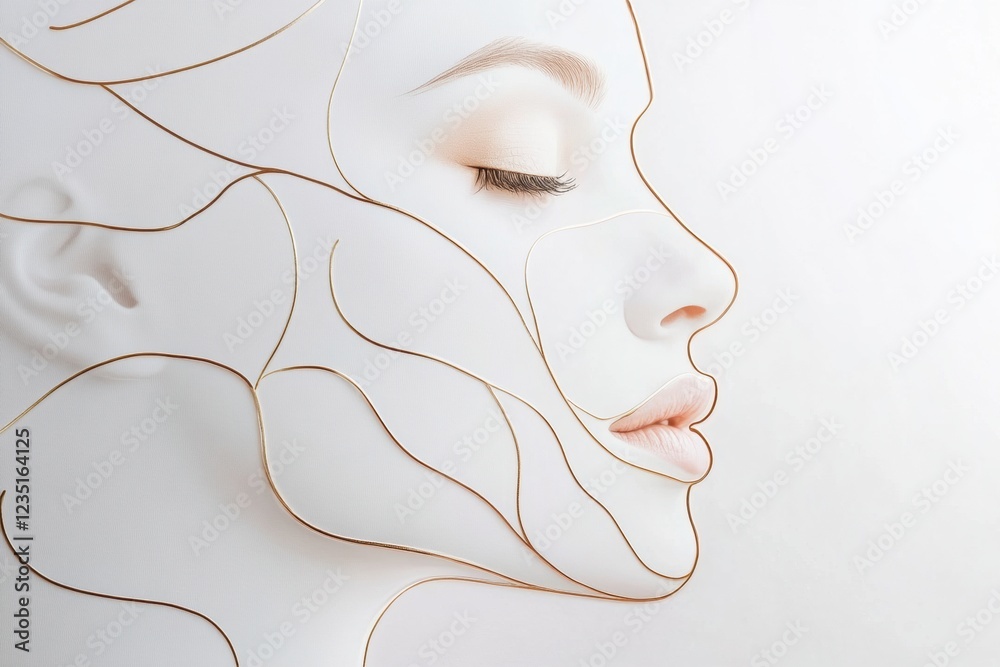 Aufkleber Silhouette of a womans face highlighted with golden ratio lines showing beauty, proportion, and artistic design in a minimalist style. Generative AI