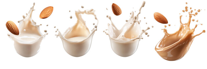 Splashes of almond milk with whole almonds displaying variety of textures png