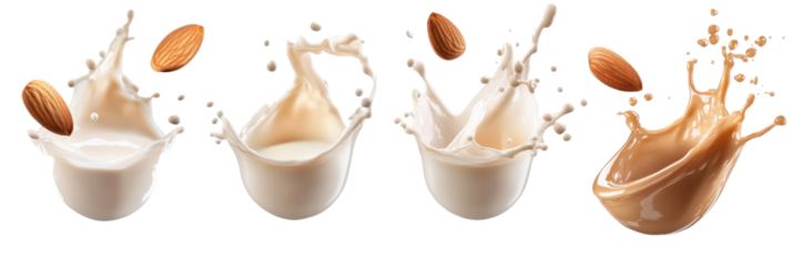 Splashes of almond milk with whole almonds displaying variety of textures png