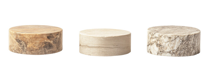 Set of three round natural stone pedestals in earthy tones png