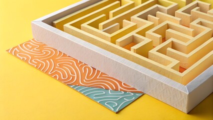 A visually intriguing still life image featuring a 3D maze rendered in a light yellow and off-white color palette
