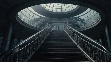  dark and mysterious grand staircase ascends into a futuristic, abandoned structure with glass ceilings and metallic railings, evoking a dystopian, cinematic atmosphere filled with intrigue and isolat