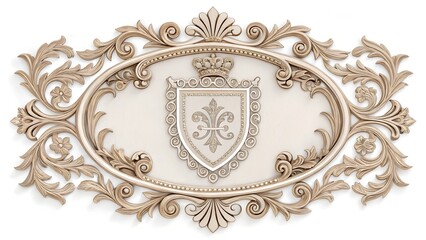 A detailed, close-up shot of an ornate, three-dimensional heraldic design crafted in a light beige or cream color