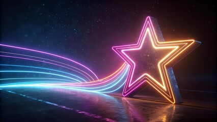 A striking, digitally rendered image featuring a large, five-pointed star outlined in vibrant neon colors