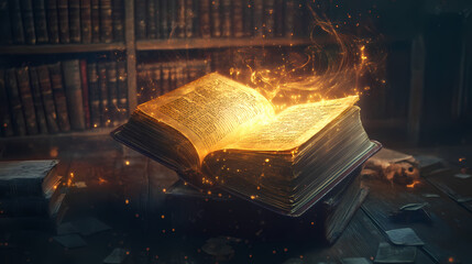 A magic book glowing brightly in a library, its pages magically lifting into the air. Dark Fantasy. Illustration