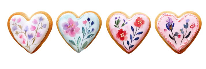 Heart-shaped floral cookies with hand-painted designs on frosted icing png