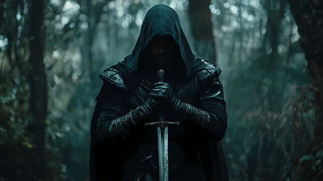 A man in a hooded outfit holding a sword in a dark forest. Dark Fantasy. Illustration