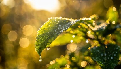 Raindrops Glistening on a Green Leaf in Morning Light