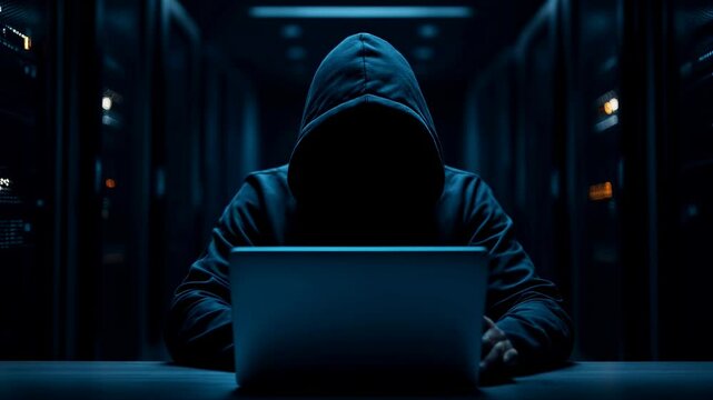 Mysterious hooded hacker in dark server room working on laptop. Cybersecurity threat concept. Digital crime scene in blue lighting. Technology danger visualization for banner with copy space
