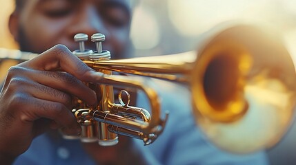 Obraz premium Musician playing a trumpet outdoors during golden hour, with a soft bokeh background