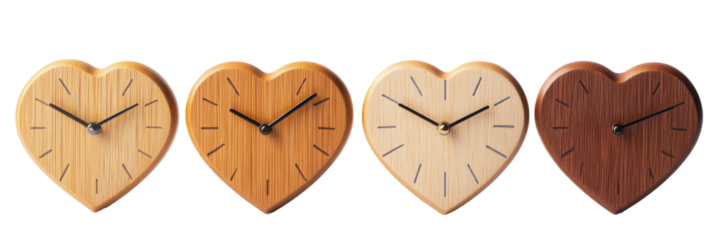 Four wooden heart clocks displaying different times on isolated background png