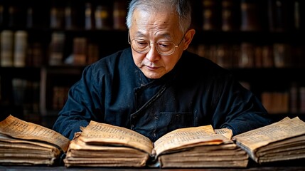 Elderly scholar studying ancient texts in a dimly lit library filled with books