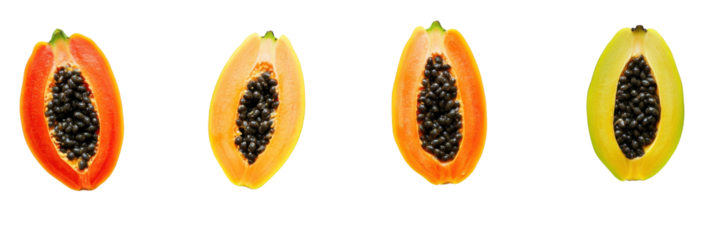 Four stages of papaya ripeness displayed in halves with seeds png
