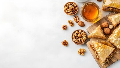 Arabian Baklava with nuts and honey on white background, top view. Ramadan dessert - fresh assorted nut baklava