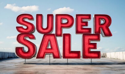 Large red super sale sign standing on a rooftop under a blue sky