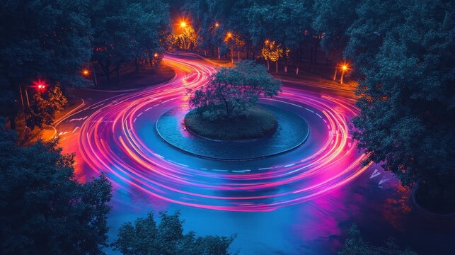 Night traffic swirls around roundabout in park - Powered by Adobe