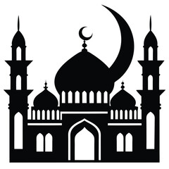Mosque Silhouette with Crescent Moon on White