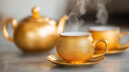 Ornate Golden Tea Set with Rising Steam Evoking Warmth and Comfort